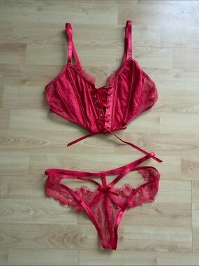 Roma Dark Pink Lace Corset Bralette & Strappy Thong Set